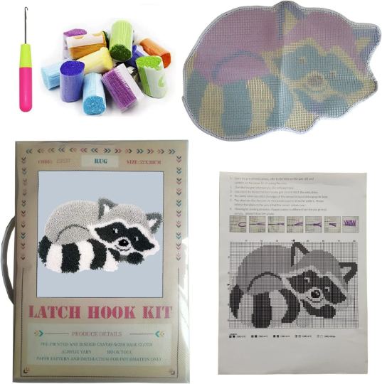 Racoon Latch Hook Rug Kit DIY Latch Hook Kit Gift for Kids Adults Hooked Carpet Crochet Rug Making Craft Kits